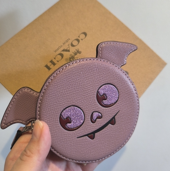 Coach Halloween Bat Coin Card Case Lilac Crossgrain Leather - Picture 7 of 16